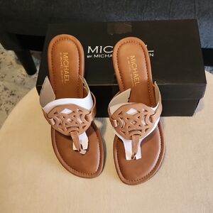 MICHAEL Michael Kors White and Tan Logo Thong Sandals
